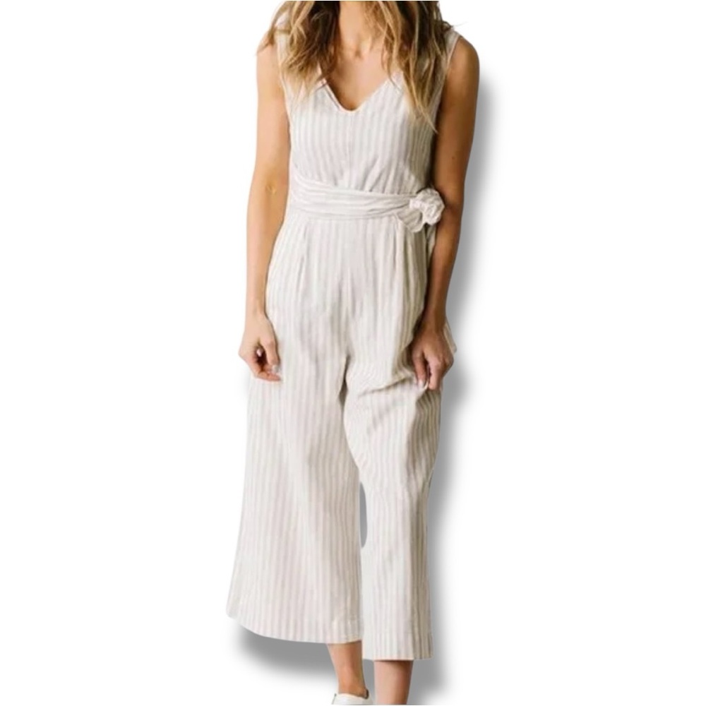 Hope & Henry Linen Blend Tan &  White Strip Jumpsuit with Tie Waist. Women Sz 10